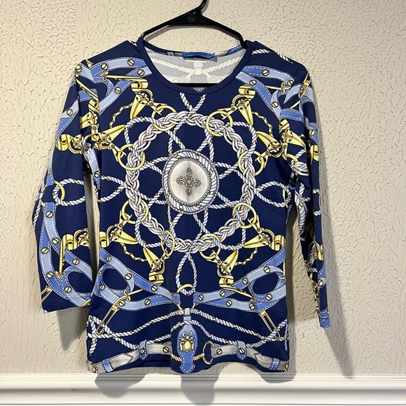 J. McLaughlin Blue and Gold Nautical Print Catalina cloth top size small - Picture 4 of 9